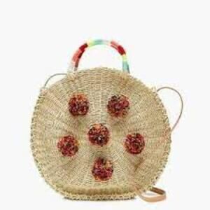 NEW J. Crew Woven Rattan Straw Circle Handbag With Pom Poms Tote
